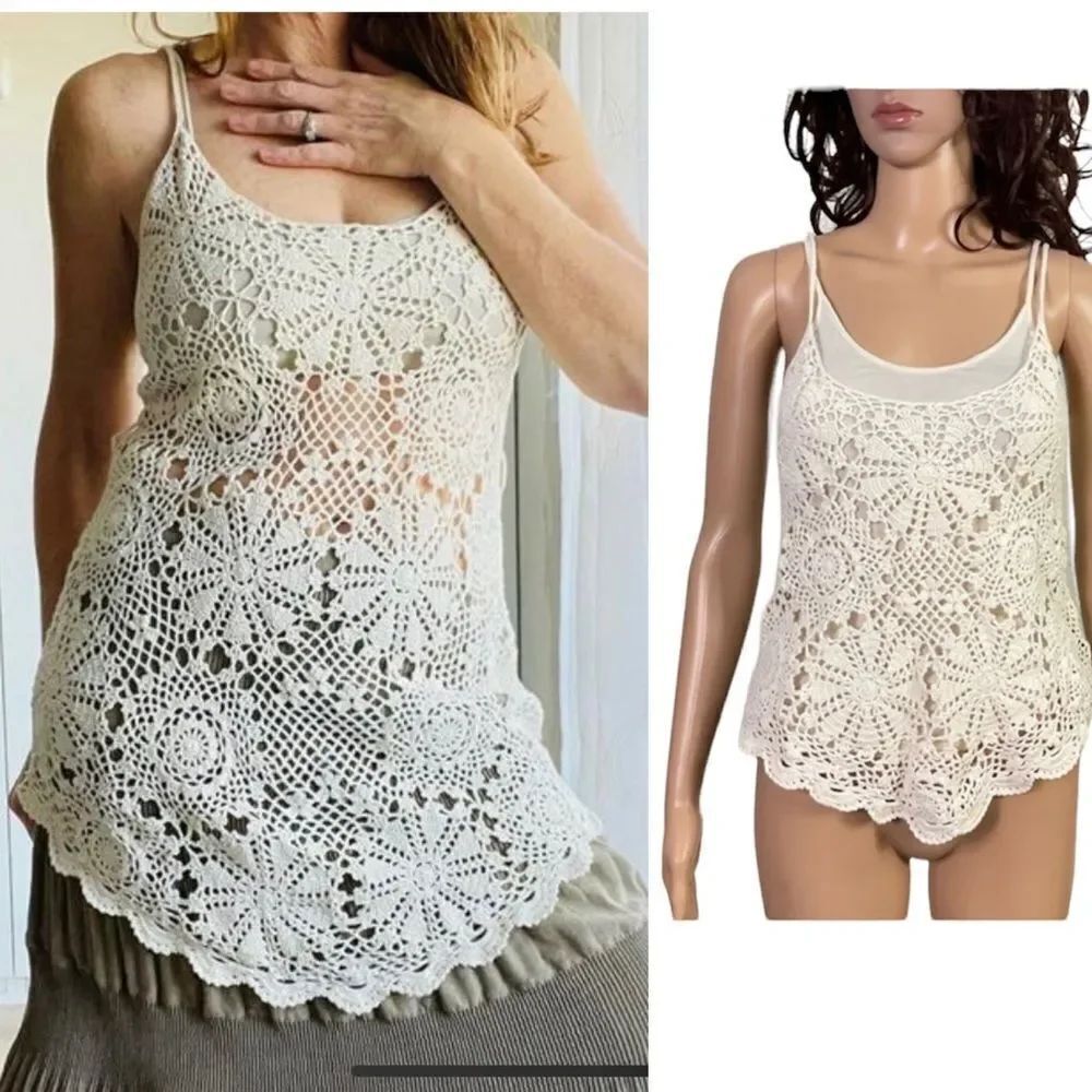 Patterson J Kincaid Originals Cream Crochet Layered Y2K Tank Top S